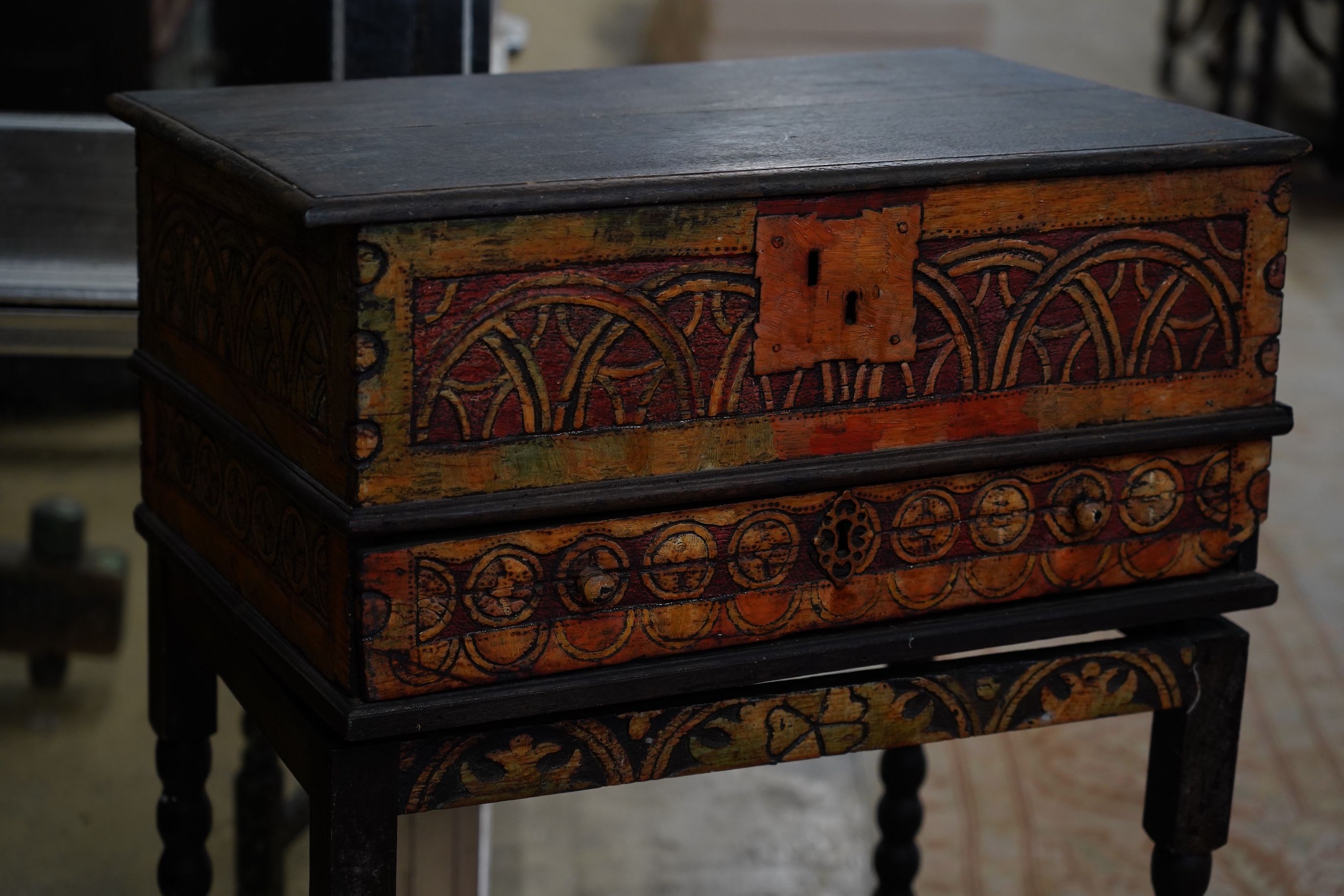 John Bratby (1928-1992): An oak bible box on stand, polychrome decorated by the artist